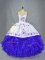 Comfortable Blue And White Halter Top Lace Up Beading and Embroidery and Ruffles Vestidos de Quinceanera Brush Train Sleeveless