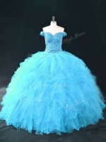 Deluxe Aqua Blue Off The Shoulder Neckline Beading and Ruffles Quince Ball Gowns Sleeveless Lace Up