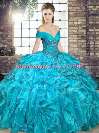 Fashionable Aqua Blue Lace Up Quinceanera Dresses Beading and Ruffles Sleeveless Floor Length - Click Image to Close