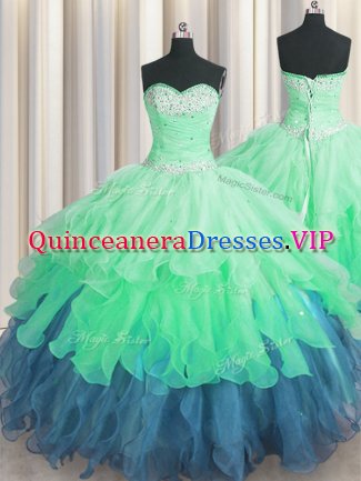 Multi-color Lace Up Sweetheart Beading and Ruffles and Ruffled Layers and Sequins Sweet 16 Dress Organza Sleeveless