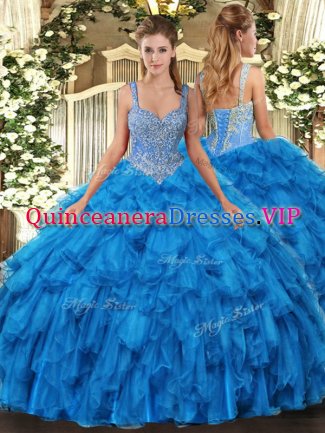 Simple Blue 15 Quinceanera Dress Military Ball and Sweet 16 and Quinceanera with Beading and Ruffles Straps Sleeveless Lace Up