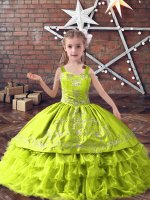 Excellent Floor Length Yellow Green Pageant Dress Womens Satin and Organza Sleeveless Embroidery and Ruffled Layers