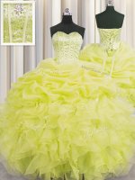 Visible Boning Organza Sweetheart Sleeveless Lace Up Beading and Ruffles and Pick Ups Quinceanera Gowns in Yellow