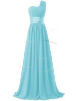 Shining Aqua Blue Lace Up One Shoulder Ruching Quinceanera Court of Honor Dress Chiffon Sleeveless(SKU SWBD016BIZ)