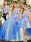 Blue Lace Up Vestidos de Quinceanera Beading and Ruffles Sleeveless Floor Length