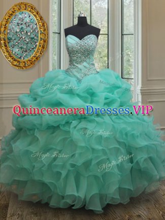 Custom Designed Floor Length Lace Up Quinceanera Gown Apple Green for Military Ball and Sweet 16 and Quinceanera with Beading and Ruffles and Pick Ups