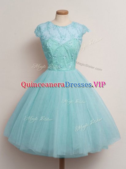 Scoop Cap Sleeves Quinceanera Court of Honor Dress Knee Length Lace Aqua Blue Tulle - Click Image to Close