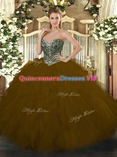 Sweetheart Sleeveless Quince Ball Gowns Floor Length Beading and Ruffles Brown Tulle - Click Image to Close