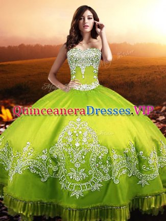 Stylish Floor Length Lace Up 15 Quinceanera Dress Yellow Green for Military Ball and Sweet 16 and Quinceanera with Beading and Appliques