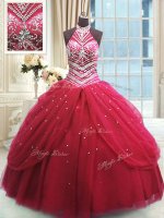Eye-catching Red Lace Up 15th Birthday Dress Beading Sleeveless Floor Length
