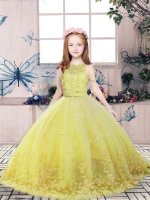 Best Yellow Green Ball Gowns Scoop Sleeveless Tulle Floor Length Backless Lace and Appliques Pageant Dresses