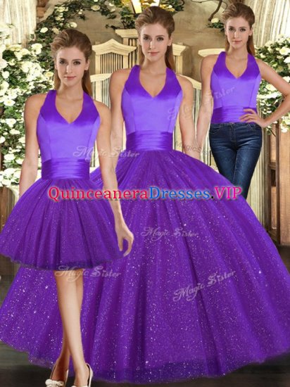 Affordable Purple Sequined Lace Up Halter Top Sleeveless Floor Length Sweet 16 Dress Ruching - Click Image to Close