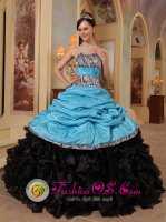 Aque Blue and Black Zebra Ruffles and Sash Littleton Colorado/CO Safford strapless Quinceanera Dresses With Pick-ups For Graduation