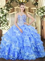 Custom Fit Blue Sleeveless Organza Lace Up Quinceanera Gowns for Military Ball and Sweet 16 and Quinceanera