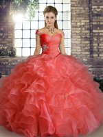 Glittering Watermelon Red Off The Shoulder Neckline Beading and Ruffles Quinceanera Gown Sleeveless Lace Up