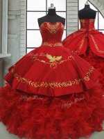 Ideal Wine Red Satin and Organza Lace Up Sweetheart Sleeveless 15 Quinceanera Dress Brush Train Beading and Embroidery and Ruffles