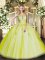 High Quality Floor Length Ball Gowns Sleeveless Yellow Green Quince Ball Gowns Lace Up