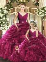 Artistic Burgundy Organza Backless Ball Gown Prom Dress Sleeveless Floor Length Ruffles