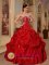 Brig Switzerland Affordable Red Beading and Embroidery Decorate Bodice Quinceanera Dress Strapless Taffeta Ball Gown
