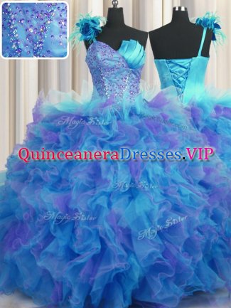 Handcrafted Flower One Shoulder Sleeveless Lace Up 15 Quinceanera Dress Multi-color Tulle