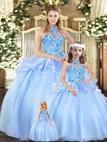 Blue Organza Lace Up Quinceanera Dress Sleeveless Floor Length Embroidery