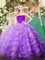 Romantic Strapless Sleeveless Zipper Quinceanera Dresses Lilac Tulle