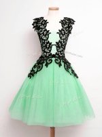 Wonderful Sleeveless Tulle Knee Length Lace Up Quinceanera Court of Honor Dress in Apple Green with Lace