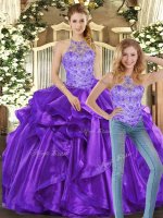 Beading and Ruffles Quinceanera Dress Purple Lace Up Sleeveless Floor Length