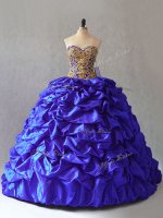 Taffeta Sweetheart Sleeveless Brush Train Lace Up Beading and Pick Ups 15th Birthday Dress in Royal Blue
