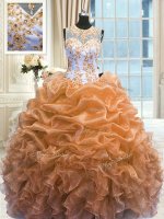 Dramatic Scoop Beading and Ruffles Sweet 16 Quinceanera Dress Orange Zipper Sleeveless Floor Length