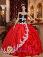 V-neck Appliques Embellishment Red and Black Floor-length Taffeta and Organza Quinceanera Dress In Cocoa FL
