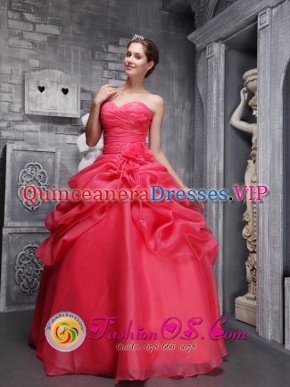 Aachen Germany Pretty Organza Coral Red Quinceanera Dress Beading and Ruch Decorate Pick-ups With Sweetheart Neckline