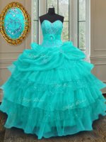 Fantastic Organza Sweetheart Sleeveless Lace Up Beading and Ruffled Layers and Pick Ups Ball Gown Prom Dress in Aqua Blue