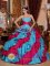 Vanves France Embroidery Decorate With Discount Aqua Blue and Red Quinceanera ball gown