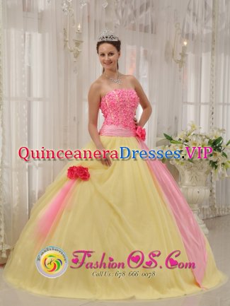 Light Yellow and Baby Pink Hand Made Flowers Sweet Quinceanera Dress For Graduation In Novi Michigan/MI