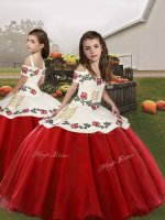 Nice Sleeveless Floor Length Embroidery Lace Up Little Girl Pageant Dress with Red