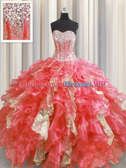 Latest Visible Boning Organza and Sequined Sleeveless Floor Length Sweet 16 Dress and Beading and Ruffles and Sequins - Click Image to Close