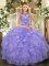 Low Price Floor Length Lavender Quinceanera Dresses Organza Cap Sleeves Beading and Appliques and Ruffles