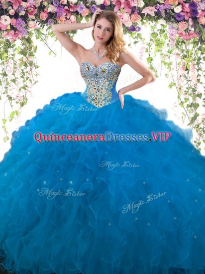 Blue Sleeveless Tulle Lace Up Quinceanera Gowns for Military Ball and Sweet 16 and Quinceanera - Click Image to Close