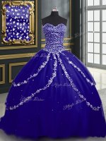 Sleeveless With Train Beading and Appliques Lace Up 15 Quinceanera Dress with Blue Brush Train