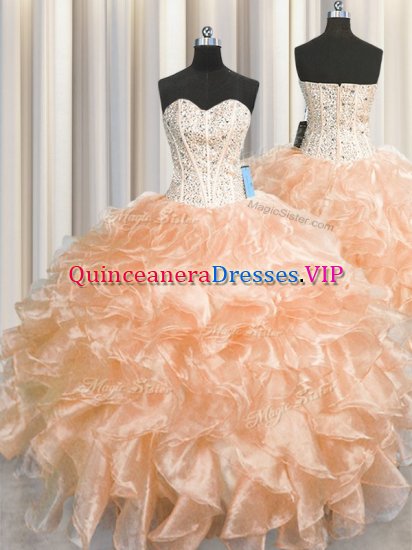 Fashion Visible Boning Zipper Up Peach Sleeveless Organza Zipper Quinceanera Dresses for Military Ball and Sweet 16 and Quinceanera - Click Image to Close