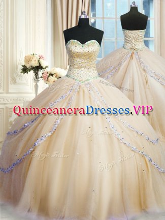 Champagne Sleeveless With Train Beading and Appliques Lace Up Quinceanera Gowns