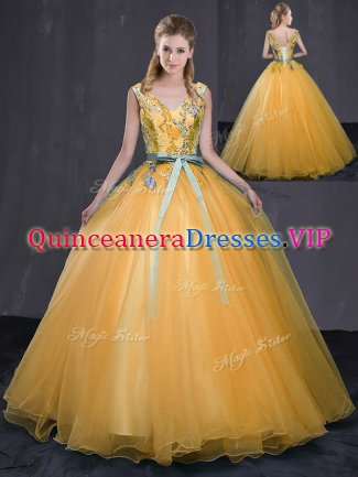 Sophisticated Ball Gowns 15 Quinceanera Dress Gold V-neck Tulle Sleeveless Floor Length Lace Up