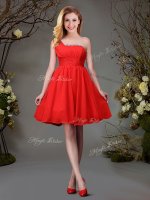 One Shoulder Red Sleeveless Mini Length Beading and Ruching Zipper Quinceanera Court of Honor Dress