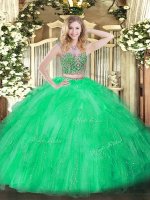 Green Lace Up Scoop Beading and Ruffles Quinceanera Gowns Tulle Sleeveless(SKU SJQDDT1488002-1BIZ)