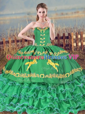 Hot Selling Turquoise Sleeveless Embroidery and Ruffled Layers Lace Up 15 Quinceanera Dress