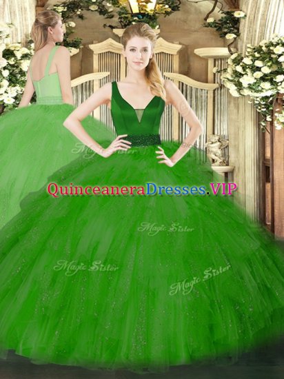 Green Zipper Sweet 16 Quinceanera Dress Beading and Ruffles Sleeveless Floor Length - Click Image to Close