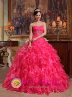 Tansley Derbyshire Stylish Hot Pink Ruffles Beading and Ruch Sweetheart Strapless Floor-length Quinceanera Dress With Organza Ball Gown