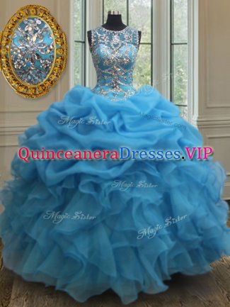 Custom Design Scoop See Through Baby Blue Sleeveless Beading and Ruffles and Pick Ups Floor Length 15 Quinceanera Dress