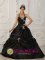 Copacabana Colombia Black Princess Appliques Ruched Bodice Quinceanera Dress With Halter Neckline Taffeta